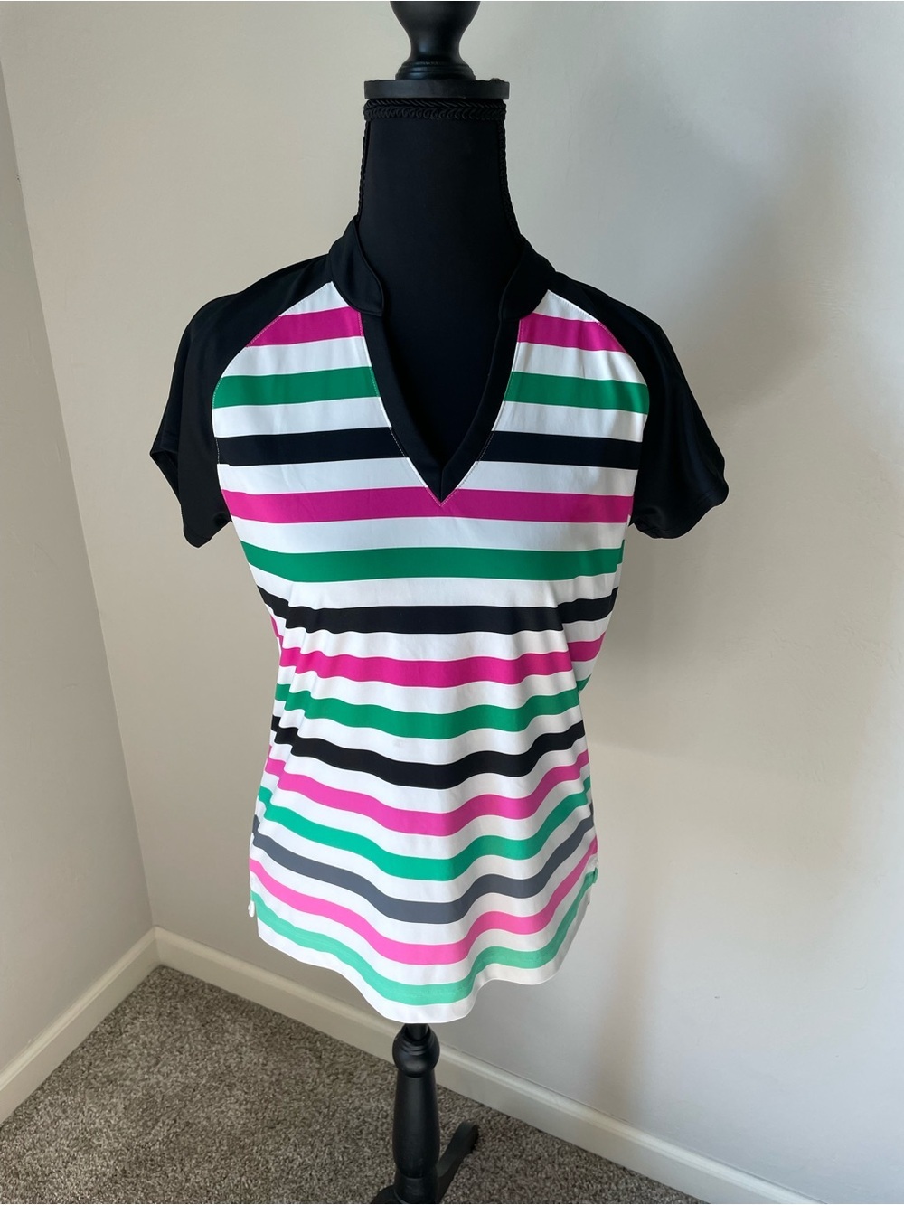 Slazenger Striped V-Neck Short Sleeve Top in Pink, Green & Black Golf